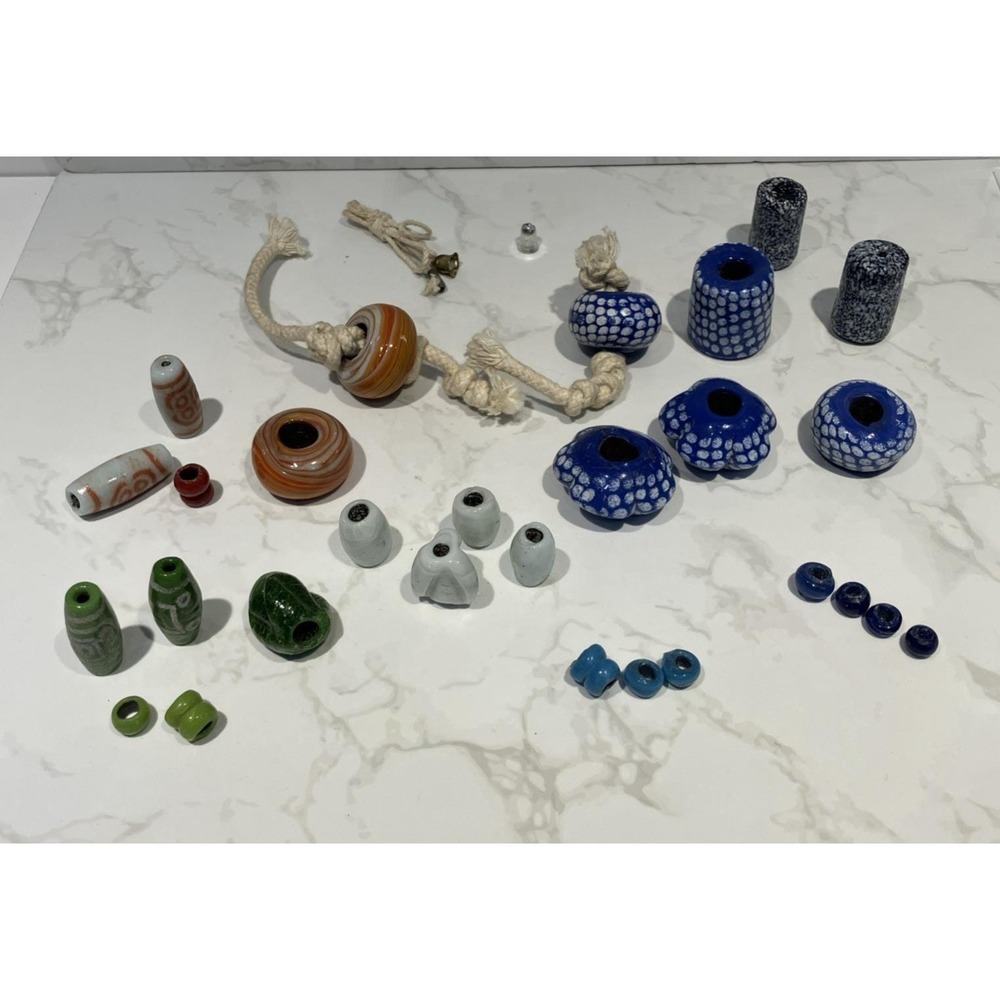 Lot of 29 Beautiful Macramé Ceramic Pottery Beads Handmade Glazed Vtg 1970s